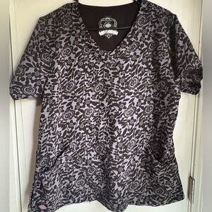 Black and Grey Fun Patterned Women’s Scrub Top Medium